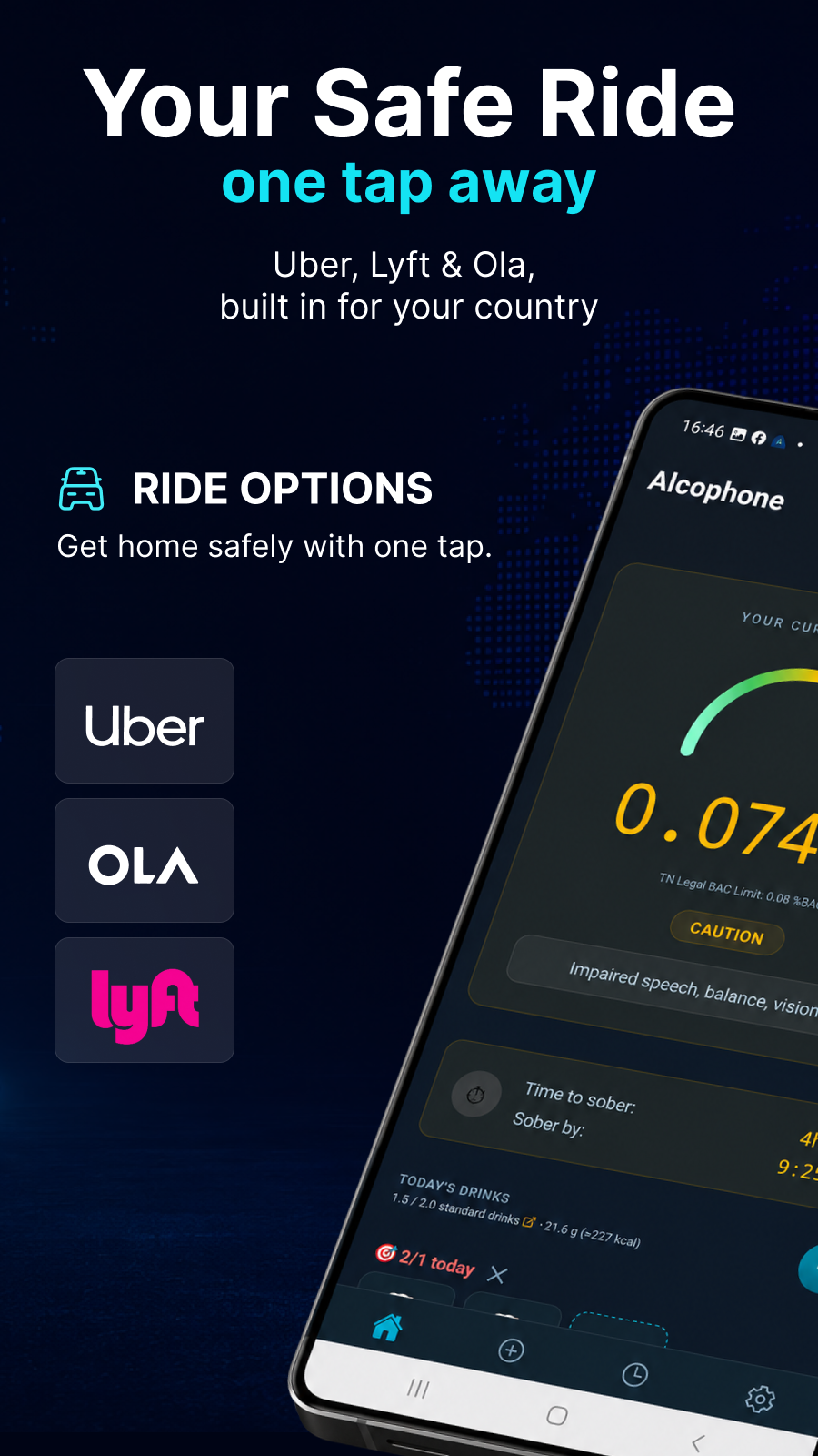 One-tap safe ride with Uber, Lyft and Ola in Alcophone