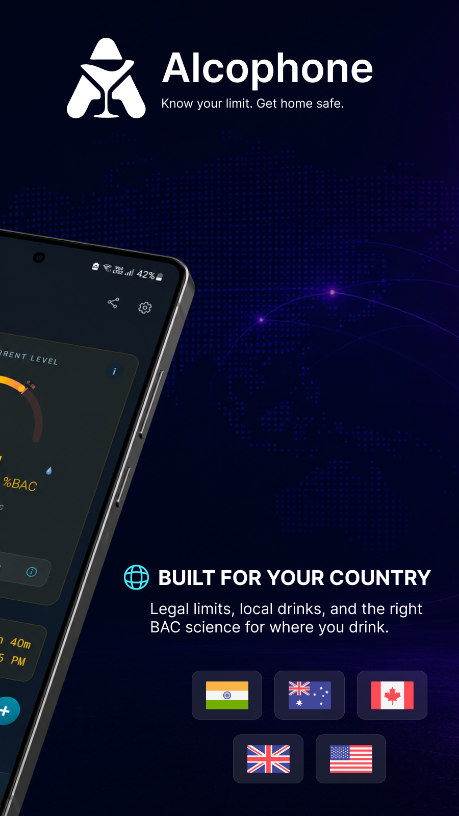 Alcophone built for your country — legal limits and local drinks